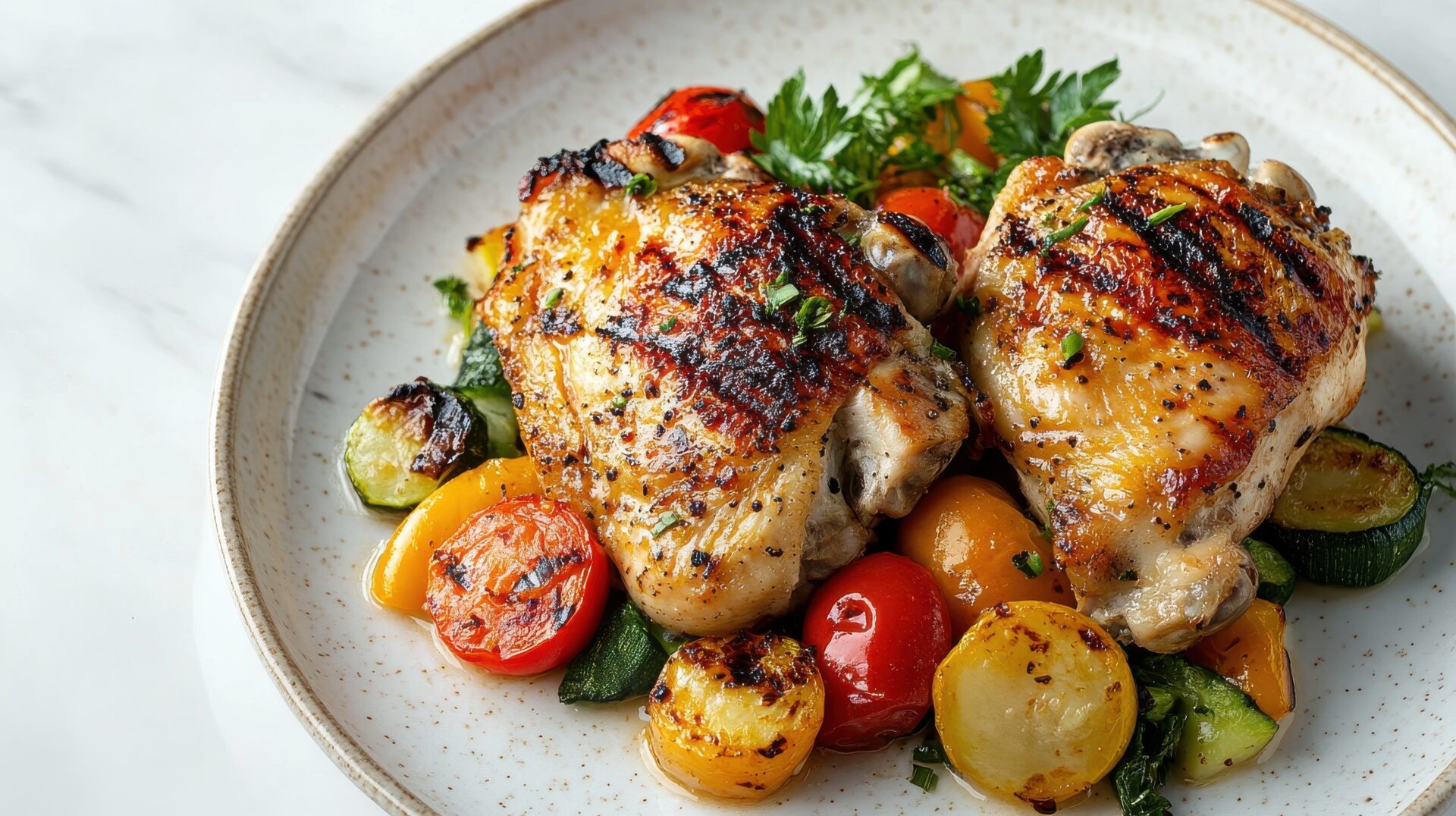 Grilled chicken thighs with roasted vegetables on a plate