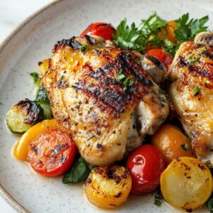 Grilled chicken thighs with roasted vegetables on a plate