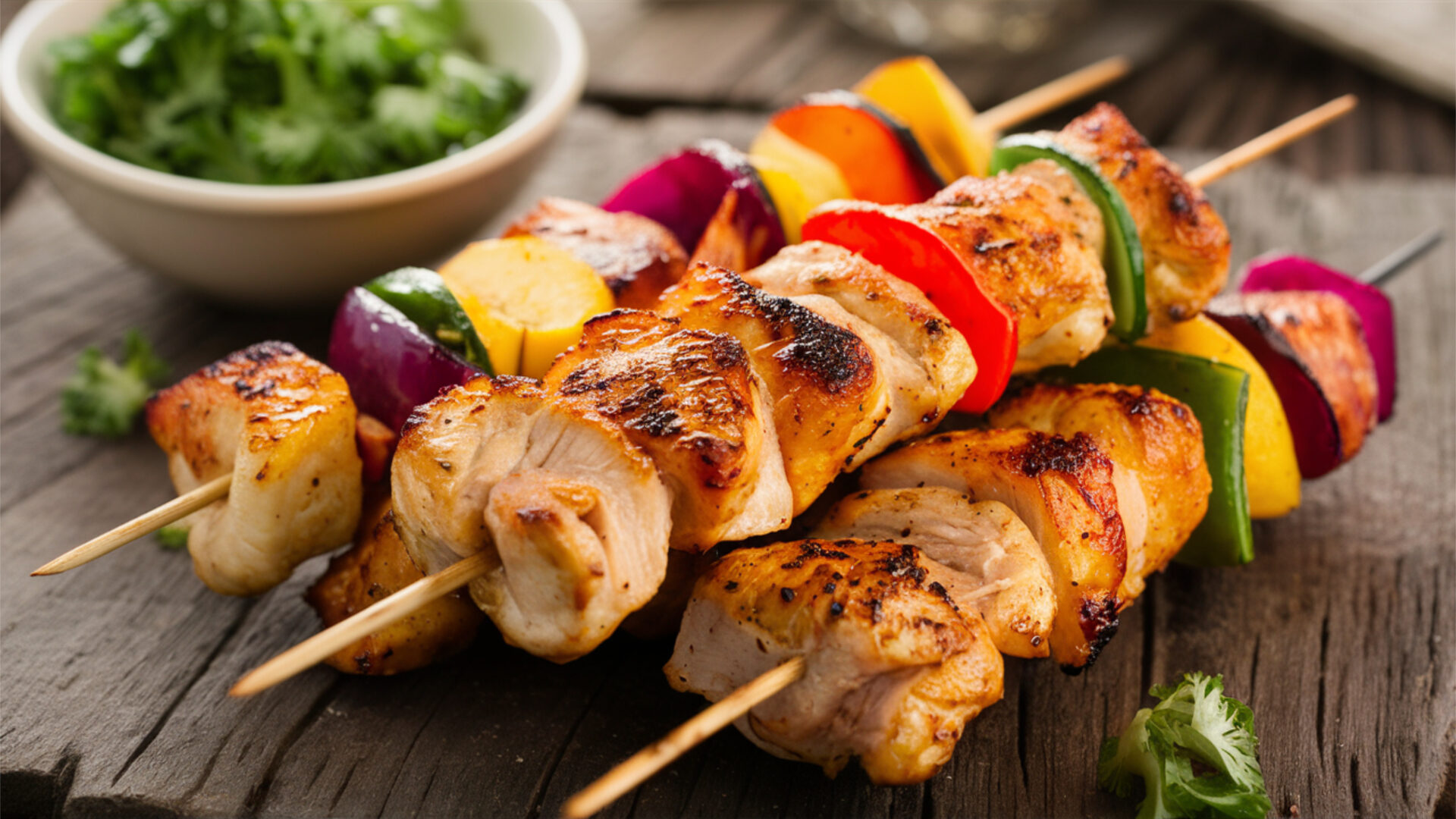 Chicken Kabobs: Grilled chicken kabobs with colorful vegetables, perfectly charred and served on skewers